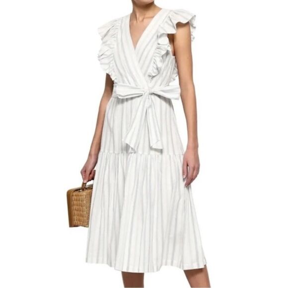 Rebecca Taylor Flutter Sleeves Yarn Dye Striped Midi Dress Size 8 - Picture 1 of 12